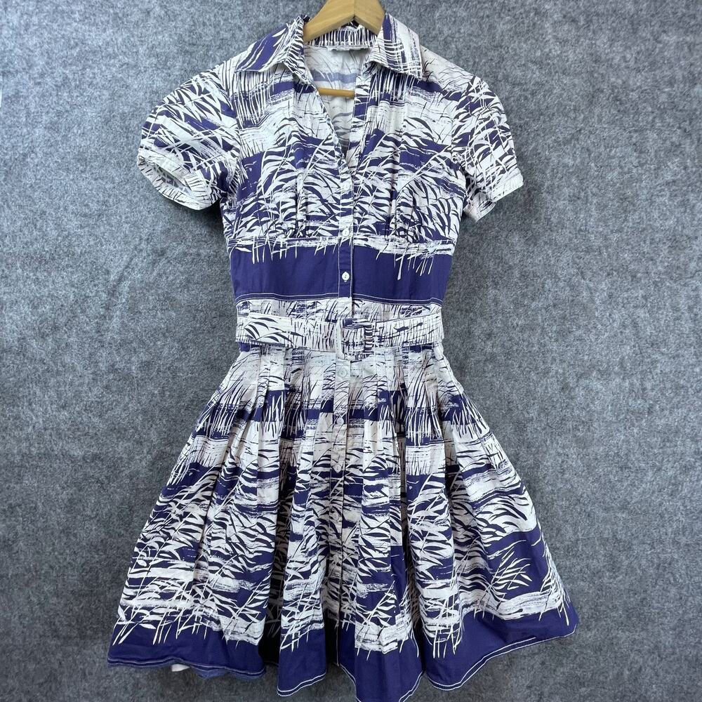 Kay Unger Navy and White Print Short-Sleeve Fit-and-Flare Dress